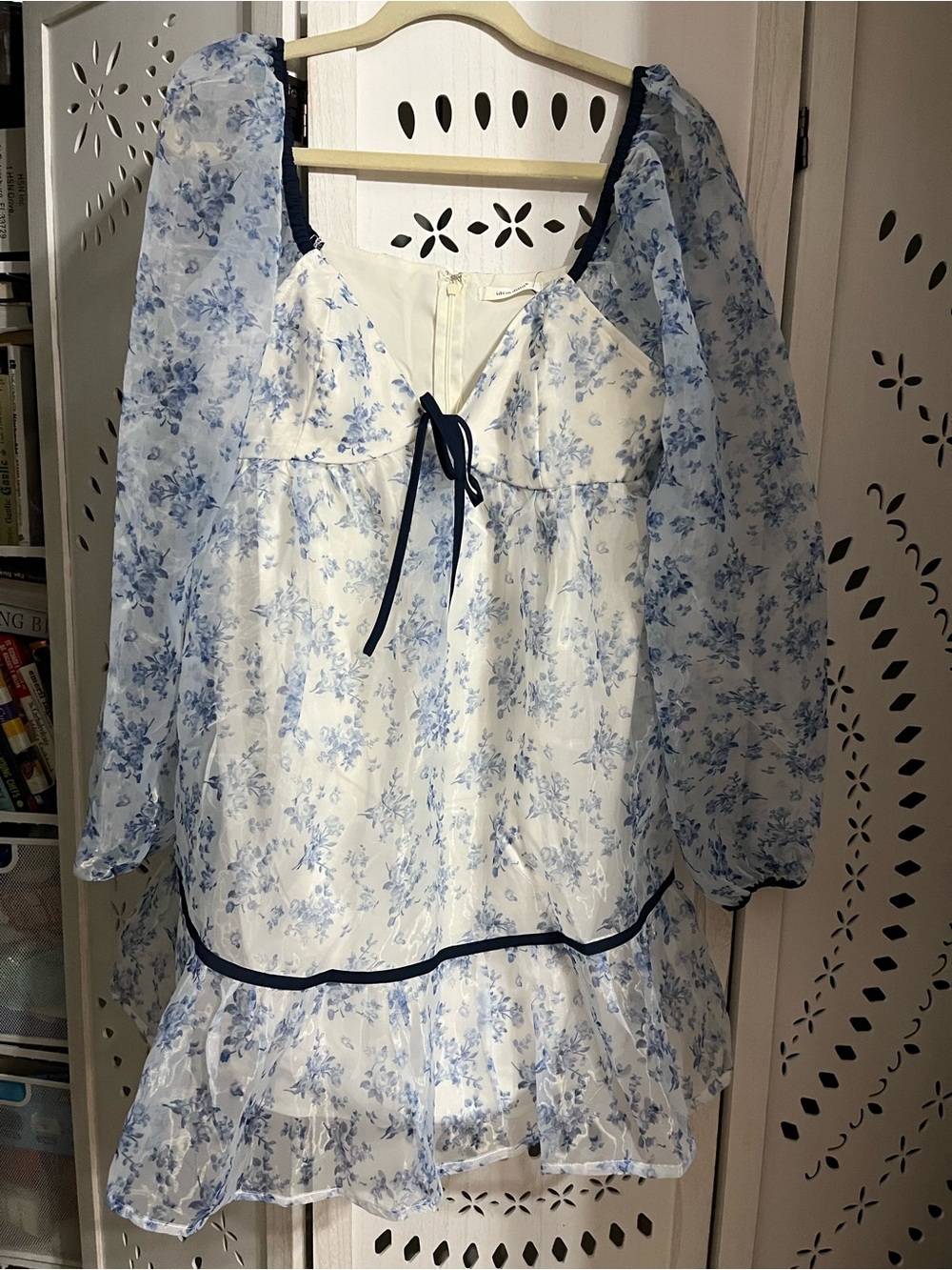 Sheer Sleeve Floral Babydoll Dress - Blue/White